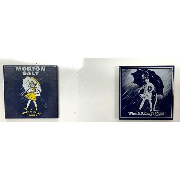 Vintage Set of 2 Morton Salt Refrigerator Magnets 2.5" X 2.5 Girl Rain Umbrella - Picture 3 of 4